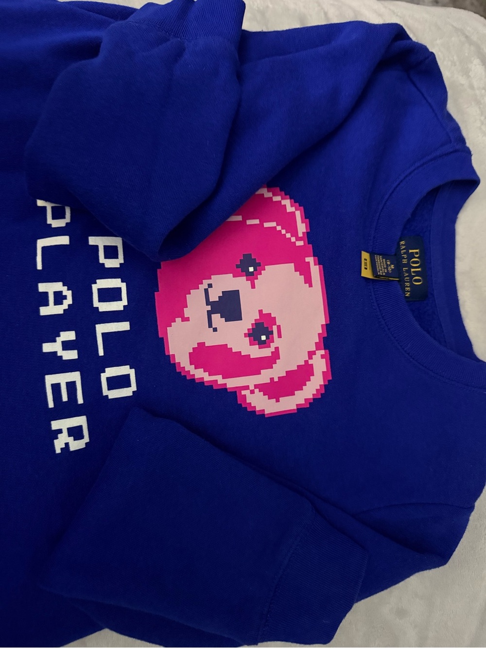 Polo by Ralph Lauren Royal Blue Sweatshirt with Pink Pixel Dog Graphic